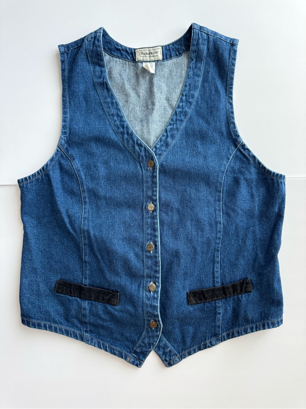 Vintage 90s Stampede Western Denim Vest with Velvet Trim - Made in USA
